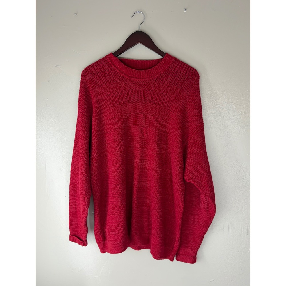 Structure Mens Red Ramie Cotton Textured Knit Crewneck Sweater Large Vintage